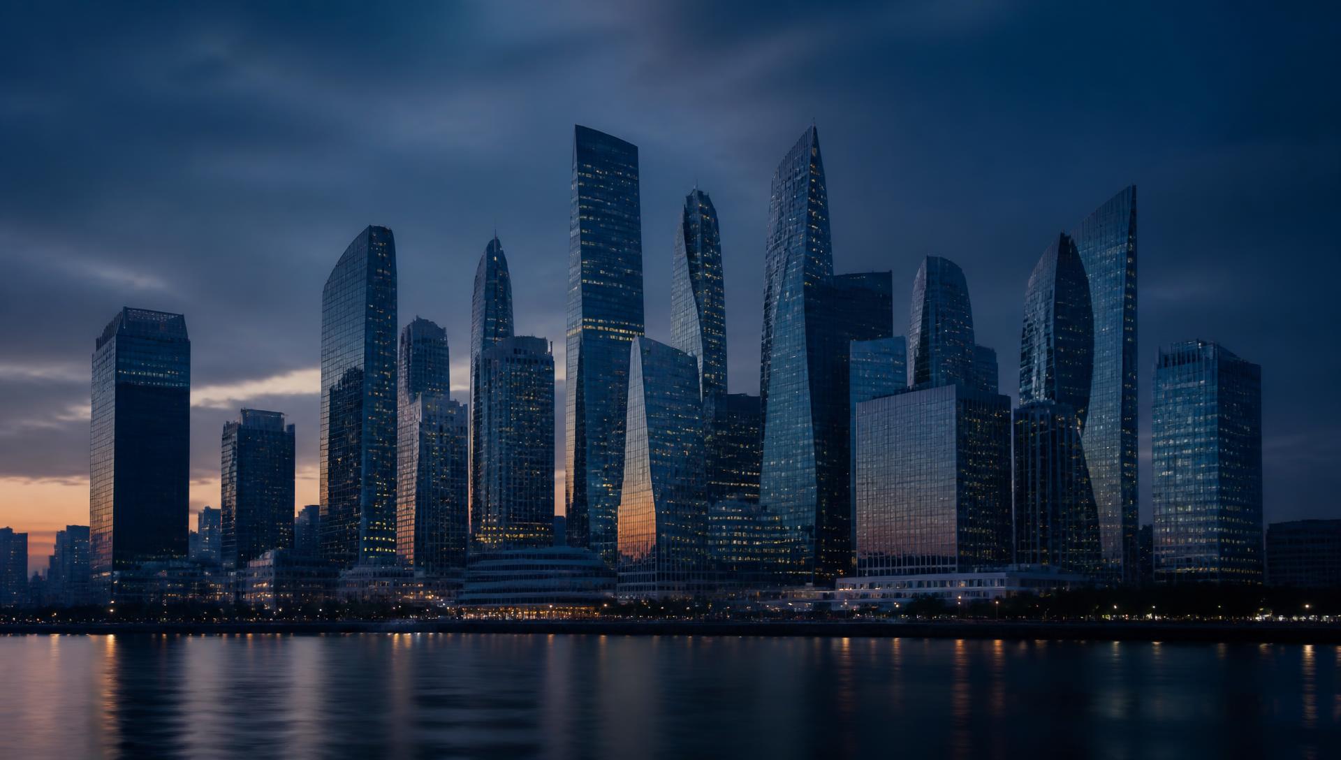 International business district skyline at dusk